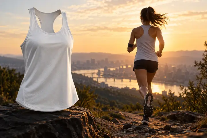 An editorial product image pairing a simple athletic top with a lifestyle photograph of a runner