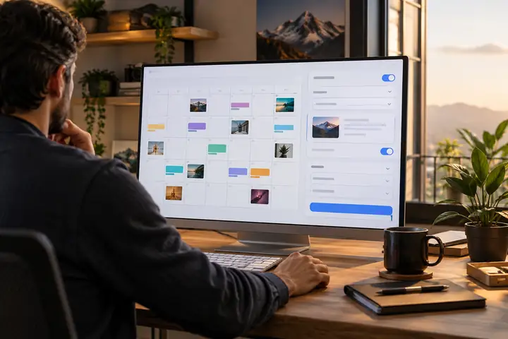 A clean publishing settings interface beside a monthly content calendar