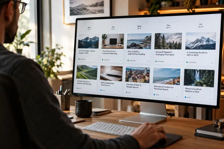 A realistic editorial calendar interface with article preview cards and publication dates