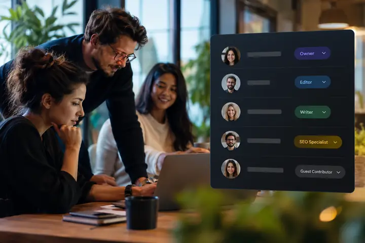 A realistic team settings panel listing collaborators and their editorial roles