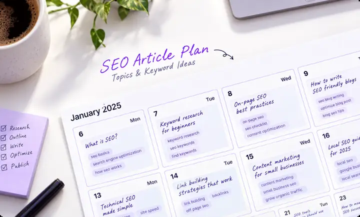 A planned calendar of SEO article topics and keyword ideas