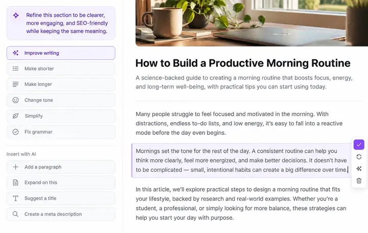 Article editing interface with a draft and revision controls