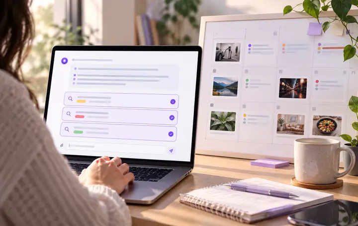 Keyword research chat interface beside a content calendar